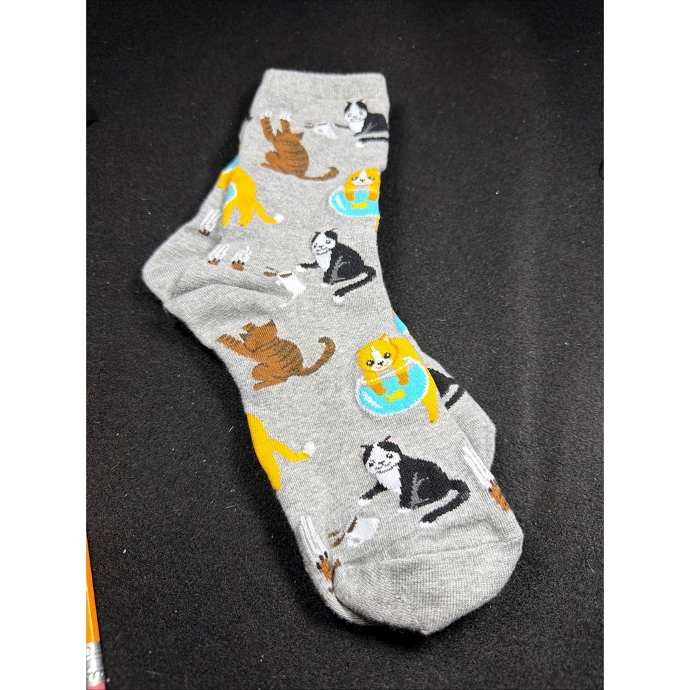 HotSox Mischievous Cat Print Crew Socks Womens OS Gray Cotton Blend Novelty Cute